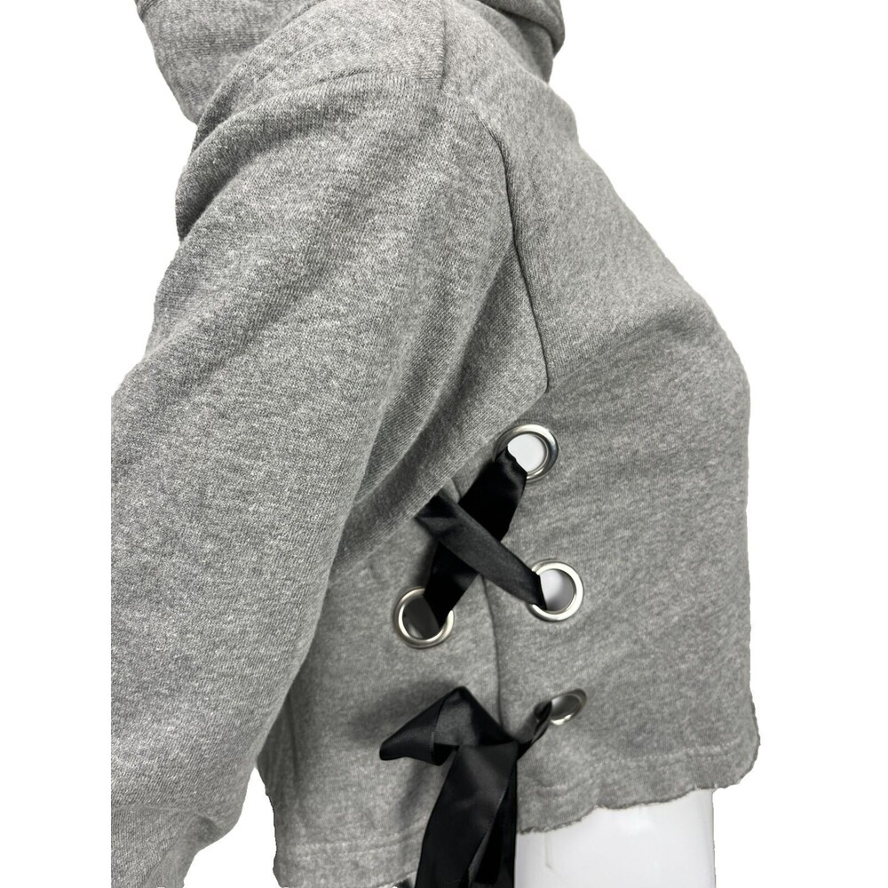 G by Guess Crop Hoodie Sweatshirt Long Sleeves Black Ribbon Side Ties Gray Small